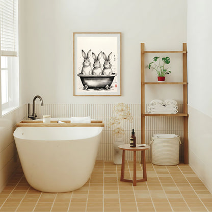 Three bunnies bathroom art print rabbits in bathtub
