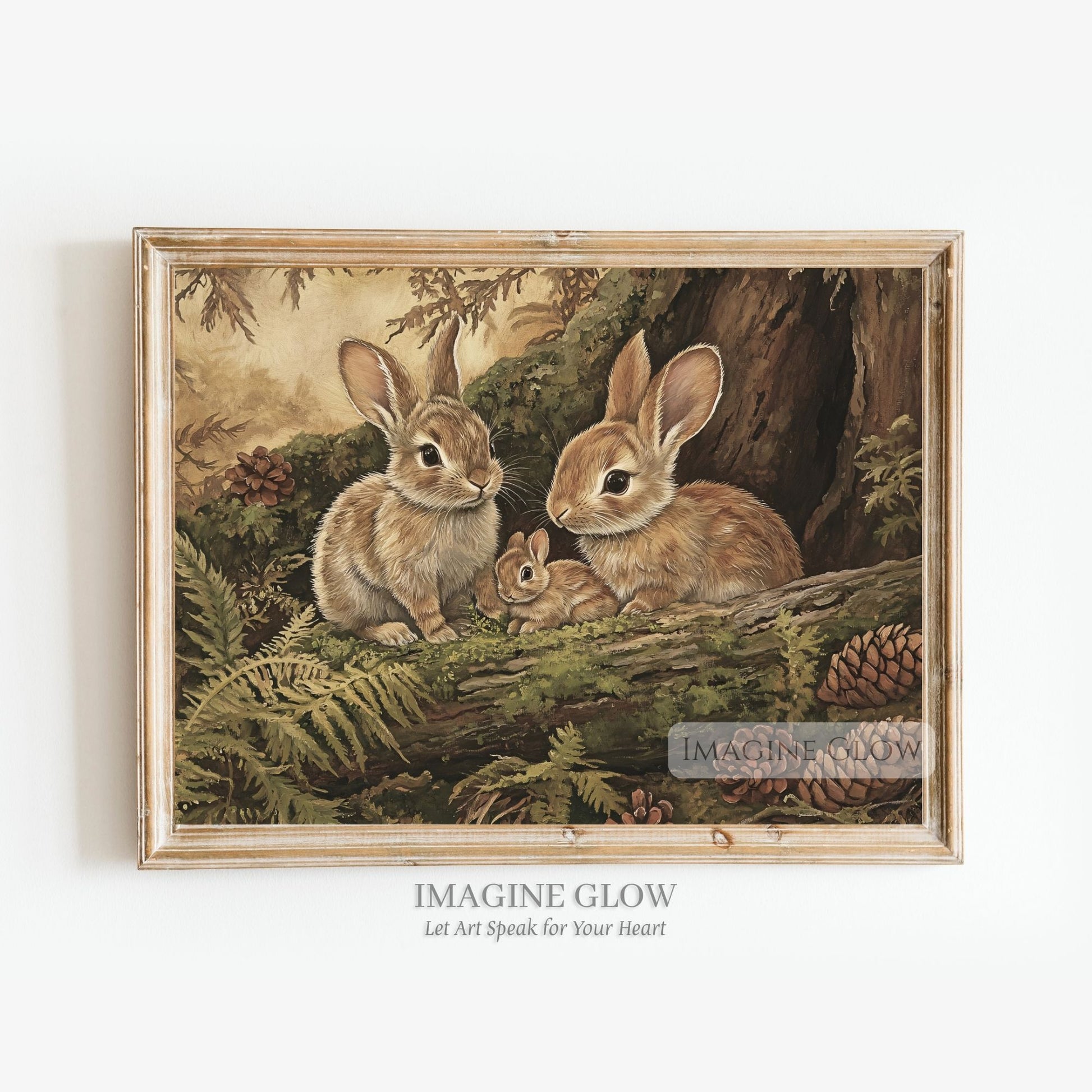 Rabbit family art print for farmhouse decor.
