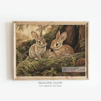 Rabbit family art print for farmhouse decor.
