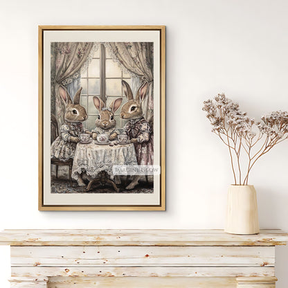 Rabbit family in a Victorian tea party setting.
