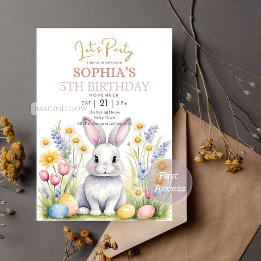 Birthday party invitation with a rabbit and Easter eggs on a gray background