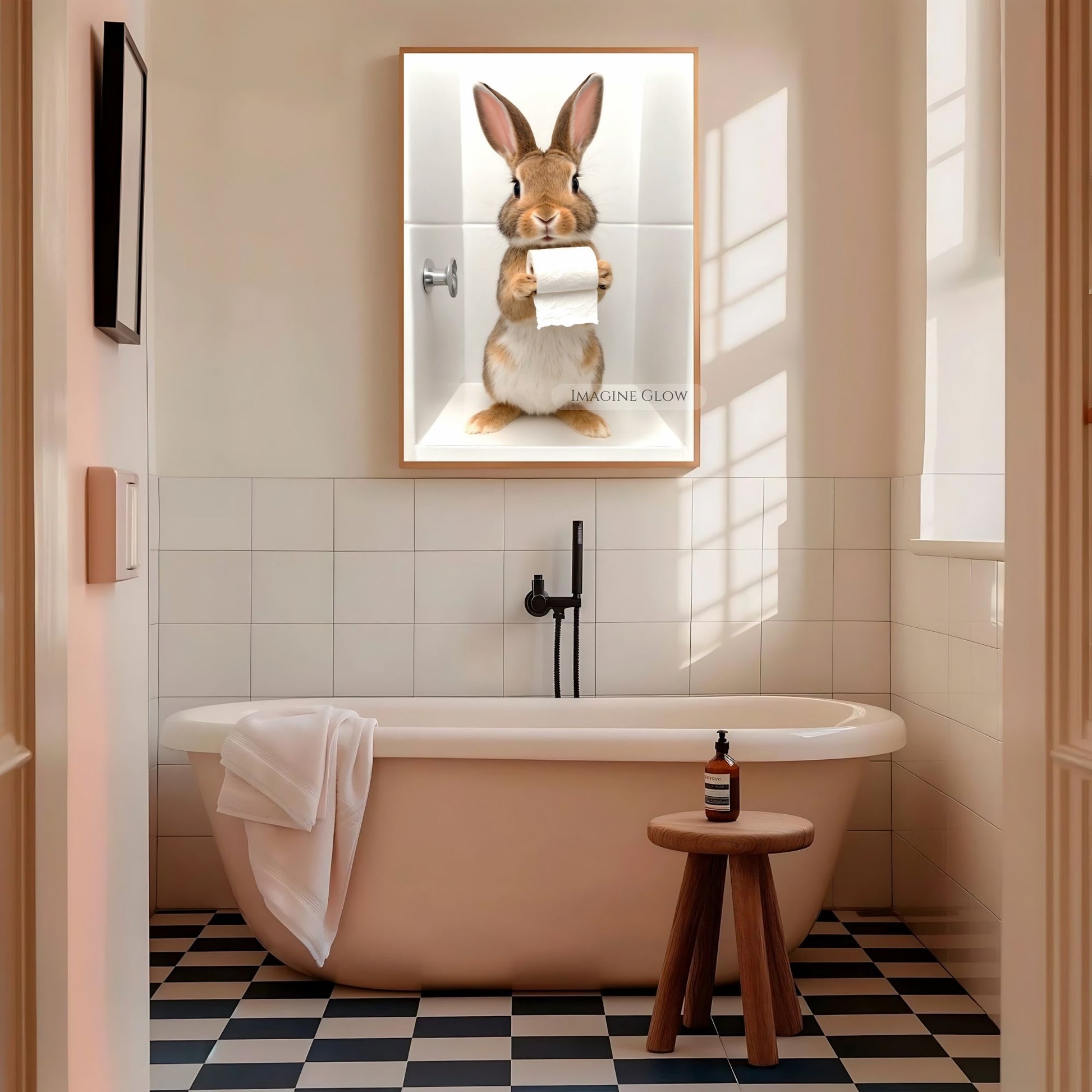 Quirky rabbit art holding toilet paper for bathroom decor.
