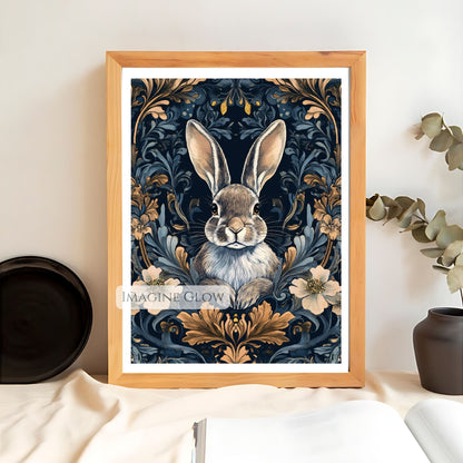 Atmospheric rabbit artwork with lush floral details.