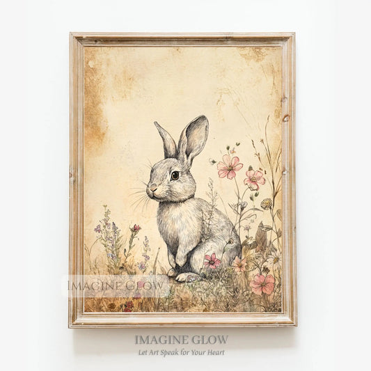 Rabbit in a meadow surrounded by wildflowers wall art.
