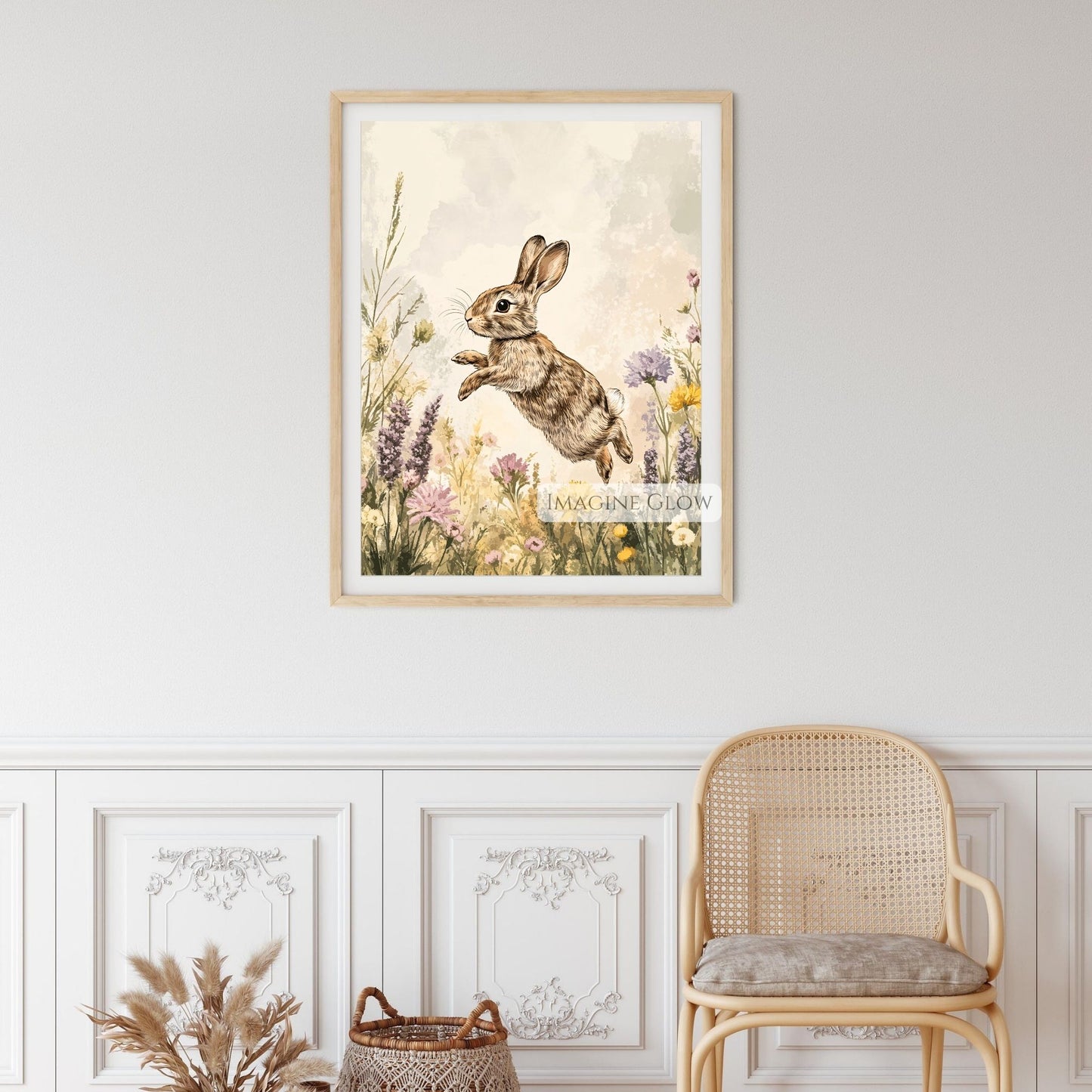 Woodland rabbit wall art with vibrant flowers.
