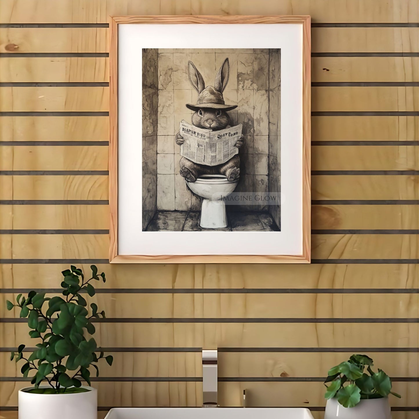 Cowboy rabbit sitting on toilet funny wall decor.
