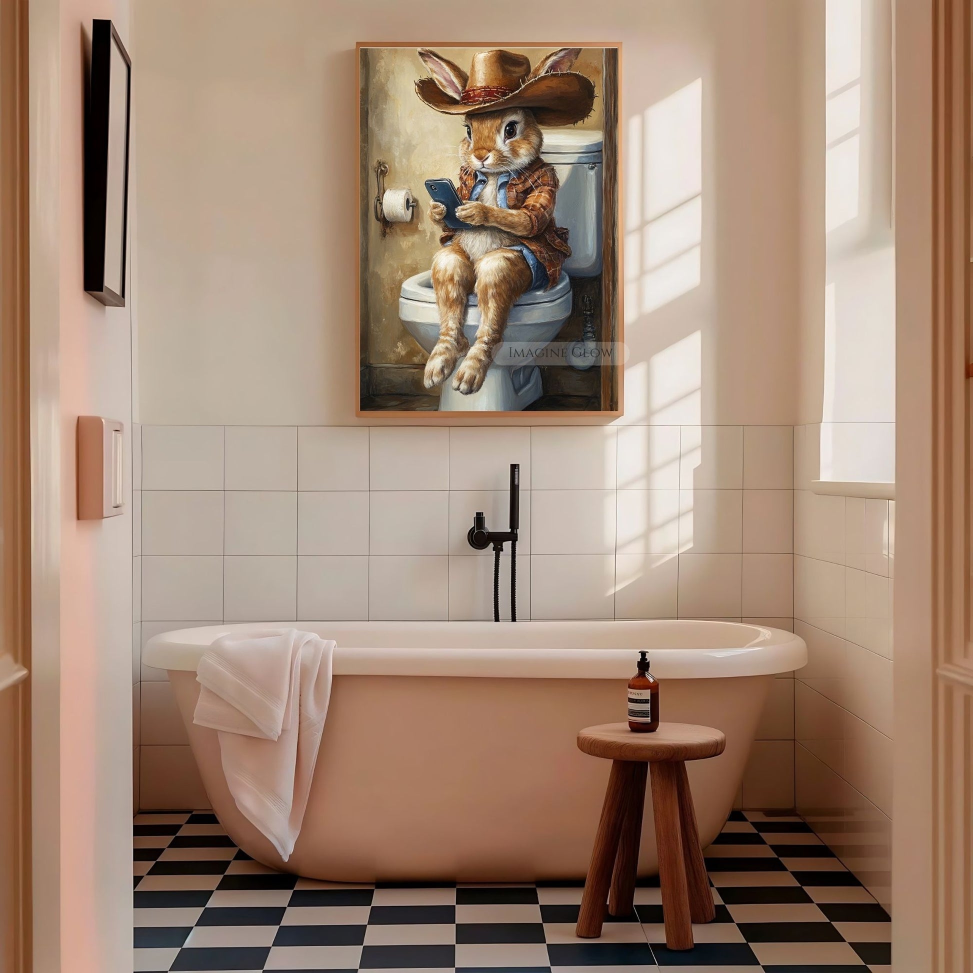 Quirky animal bathroom decor rabbit with mobile phone.
