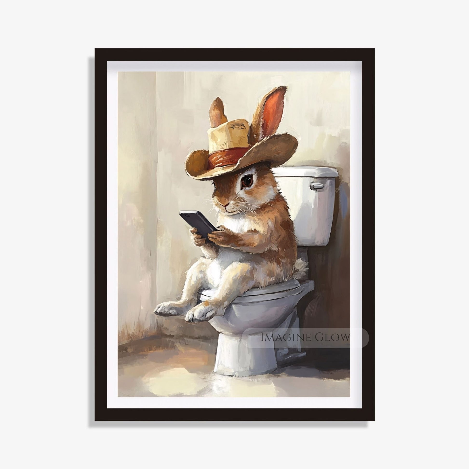 Rabbit sitting on toilet digital art playing mobile phone
