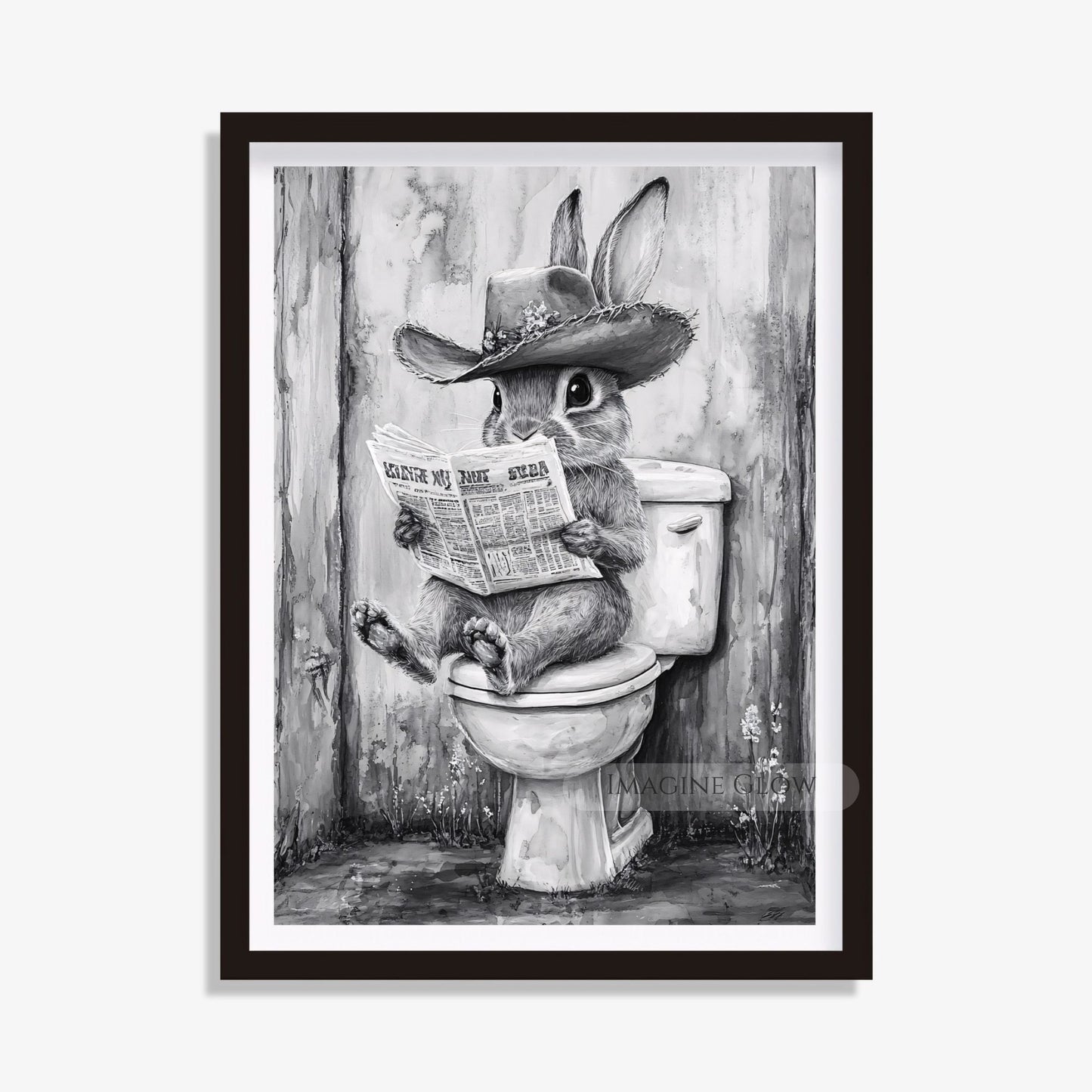 Funny rabbit sitting on a toilet reading a newspaper digital art.
