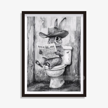 Funny rabbit sitting on a toilet reading a newspaper digital art.
