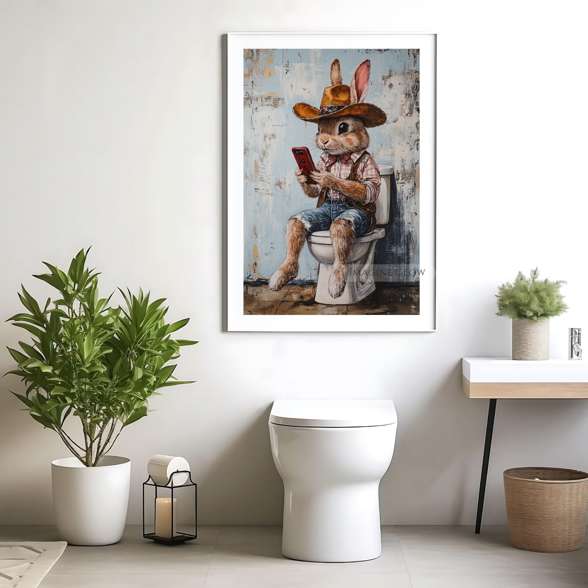 Rabbit sitting on toilet digital art playing mobile phone.
