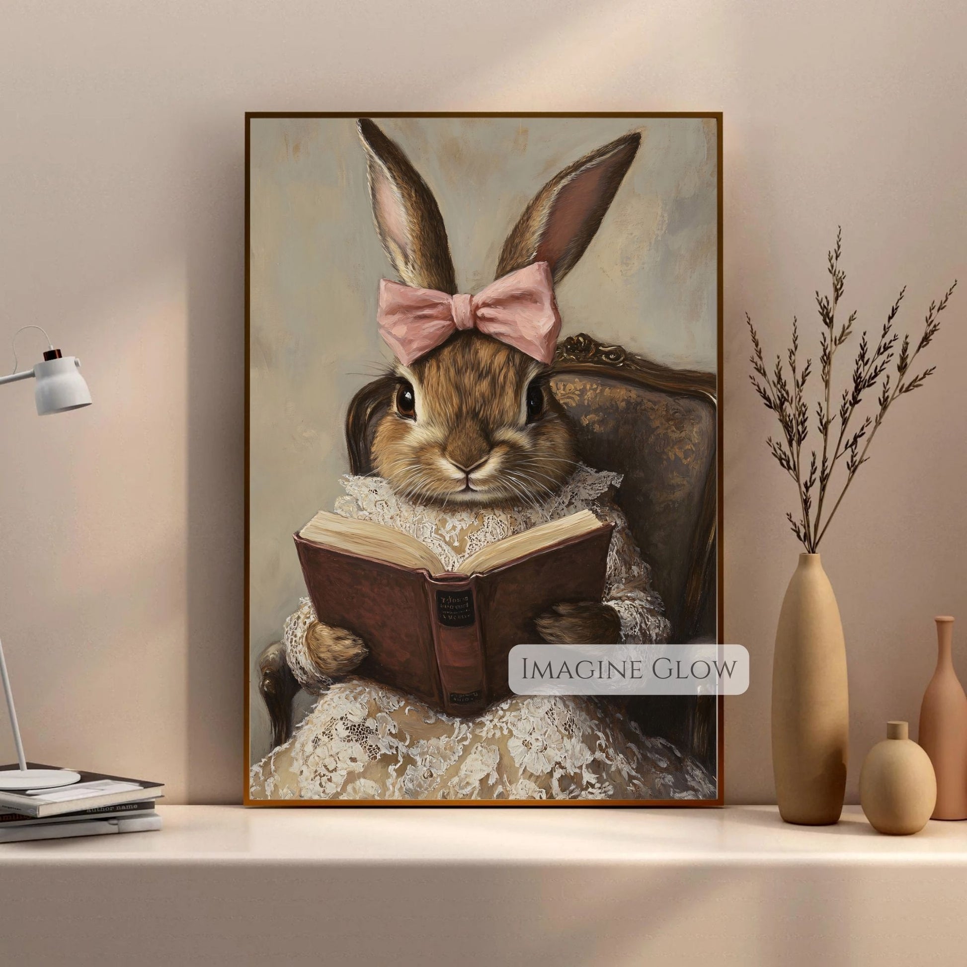 Bunny reading in a cozy vintage style
