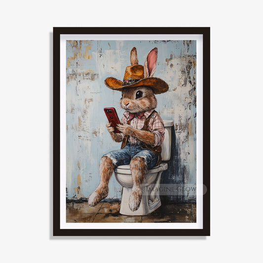 Rabbit digital artwork for funny bathroom wall decor.
