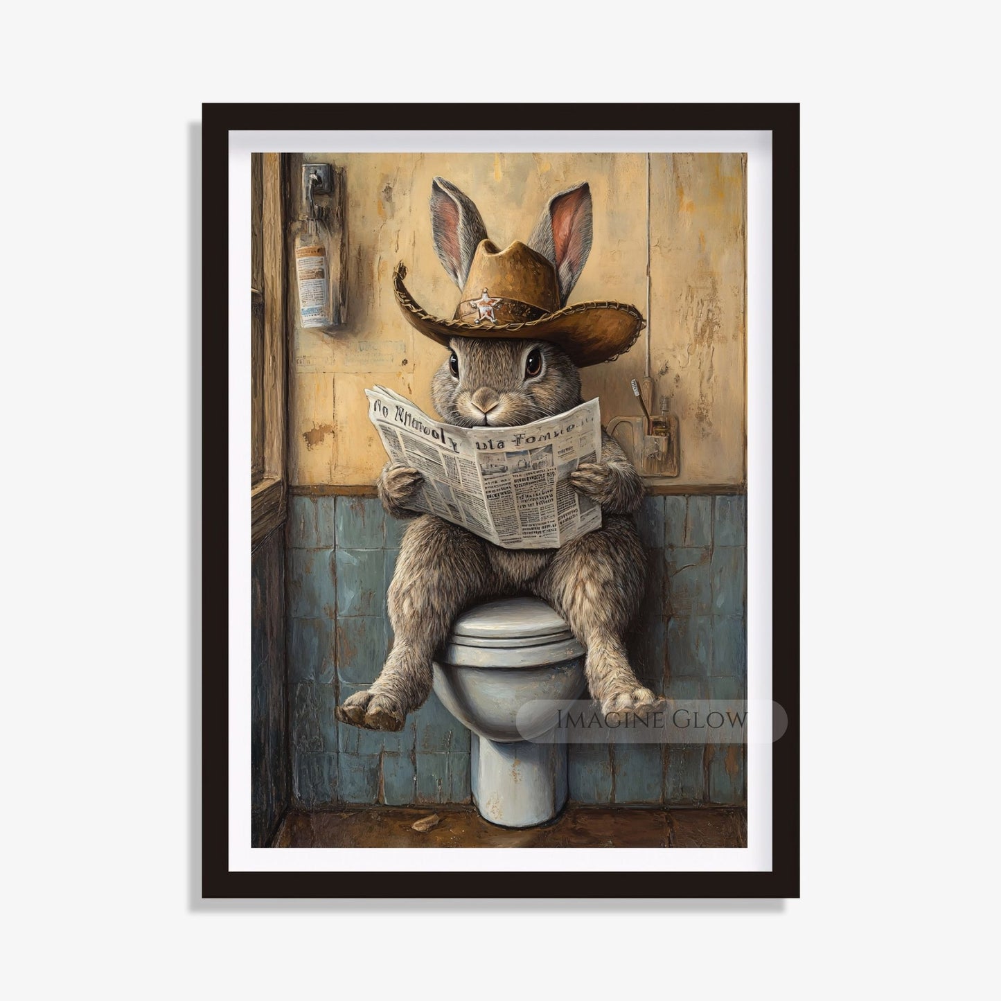 Unique bathroom humor print rabbit with newspaper.
