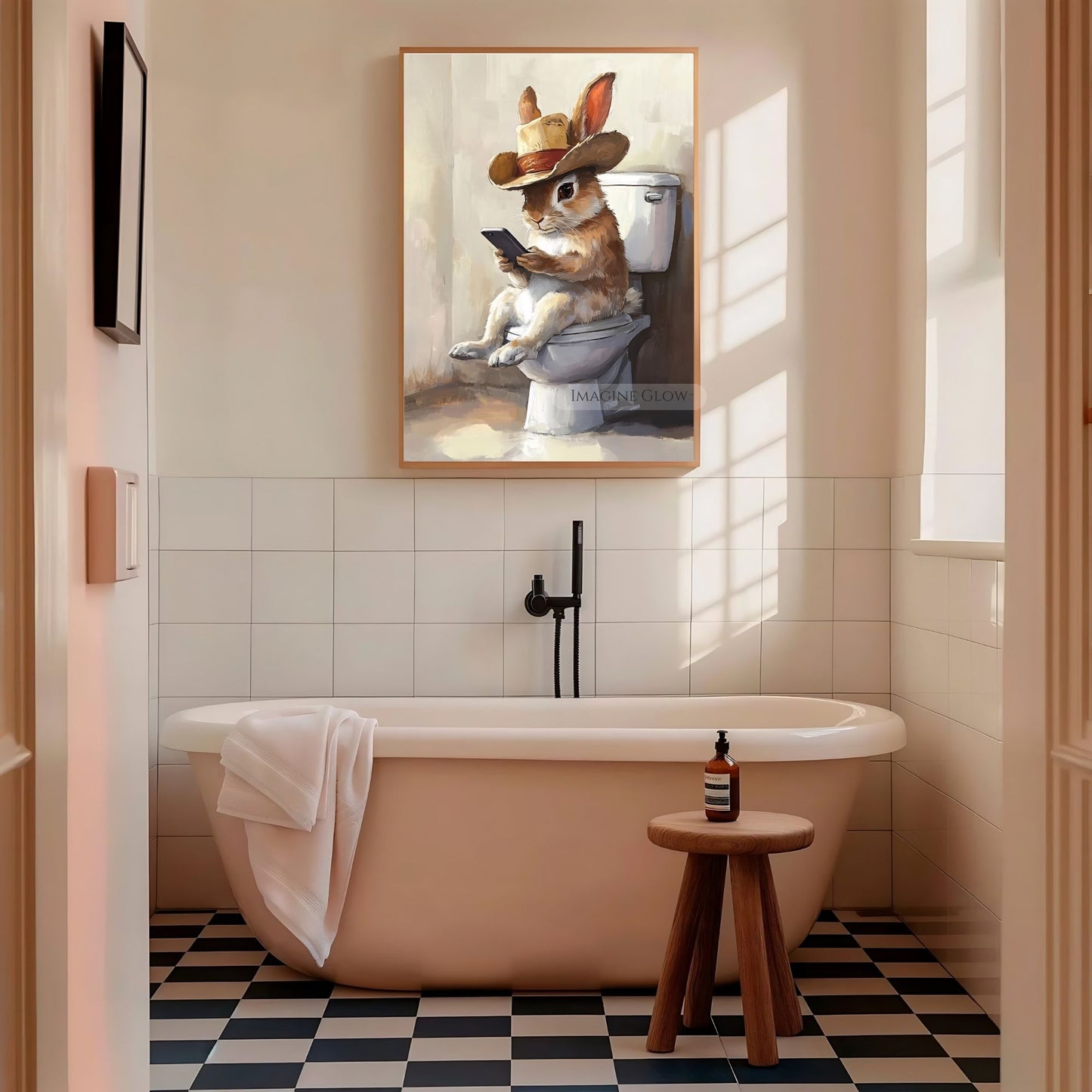 Cowboy rabbit on toilet digital artwork for quirky decor