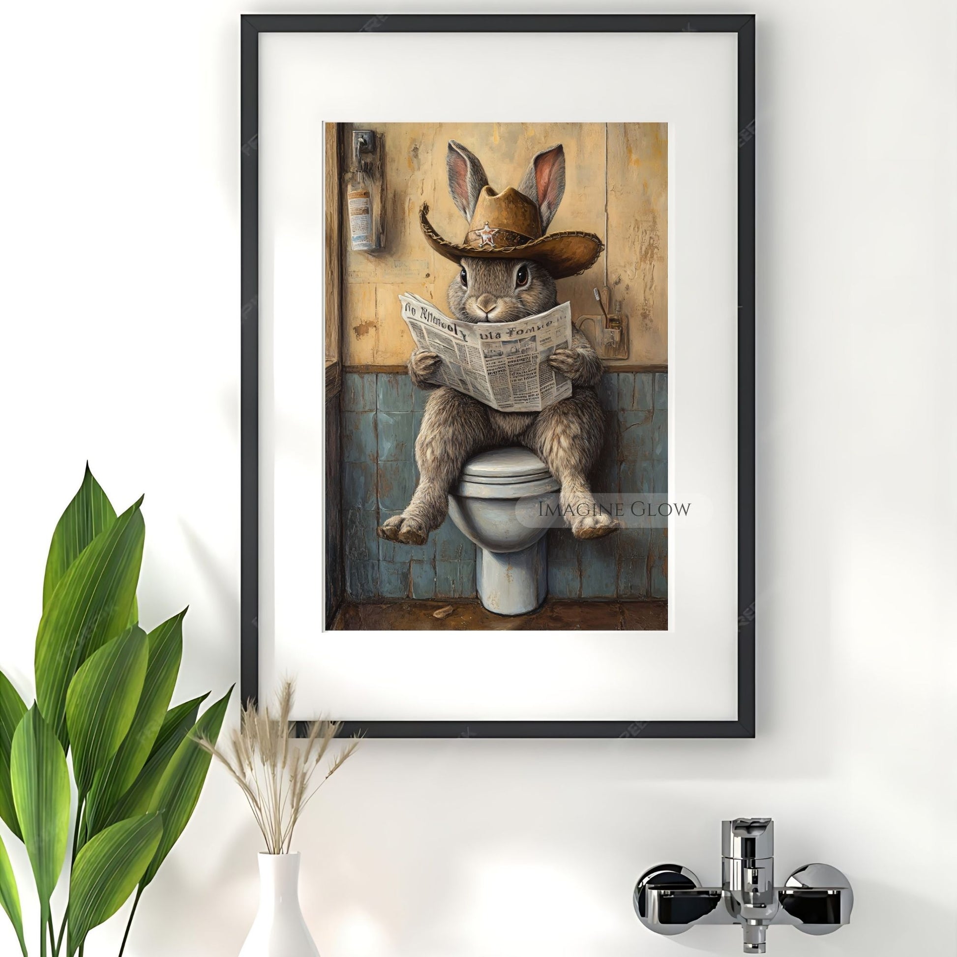 Whimsical rabbit wall decor for quirky bathroom art.
