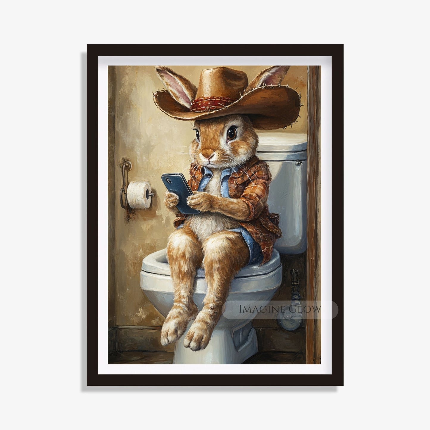 Rabbit sitting on toilet playing mobile phone wall art.
