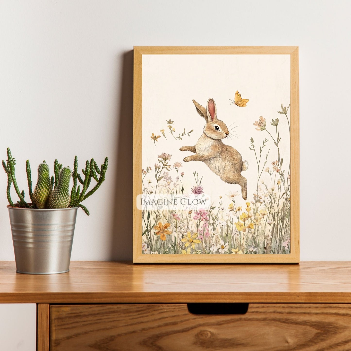 Sweet rabbit in a field of wildflowers, gentle nursery art.
