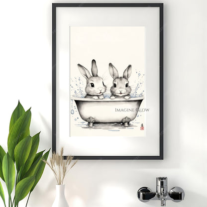 Two rabbits soaking in a bathtub artwork
