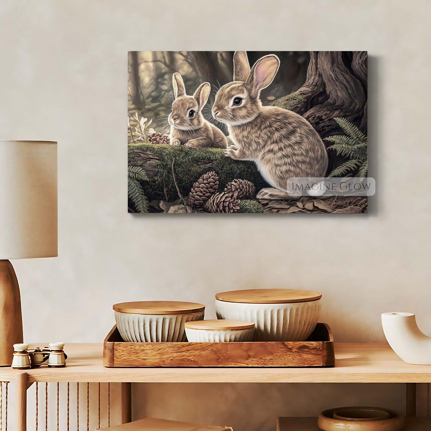 Rustic nature print with two rabbits in forest.
