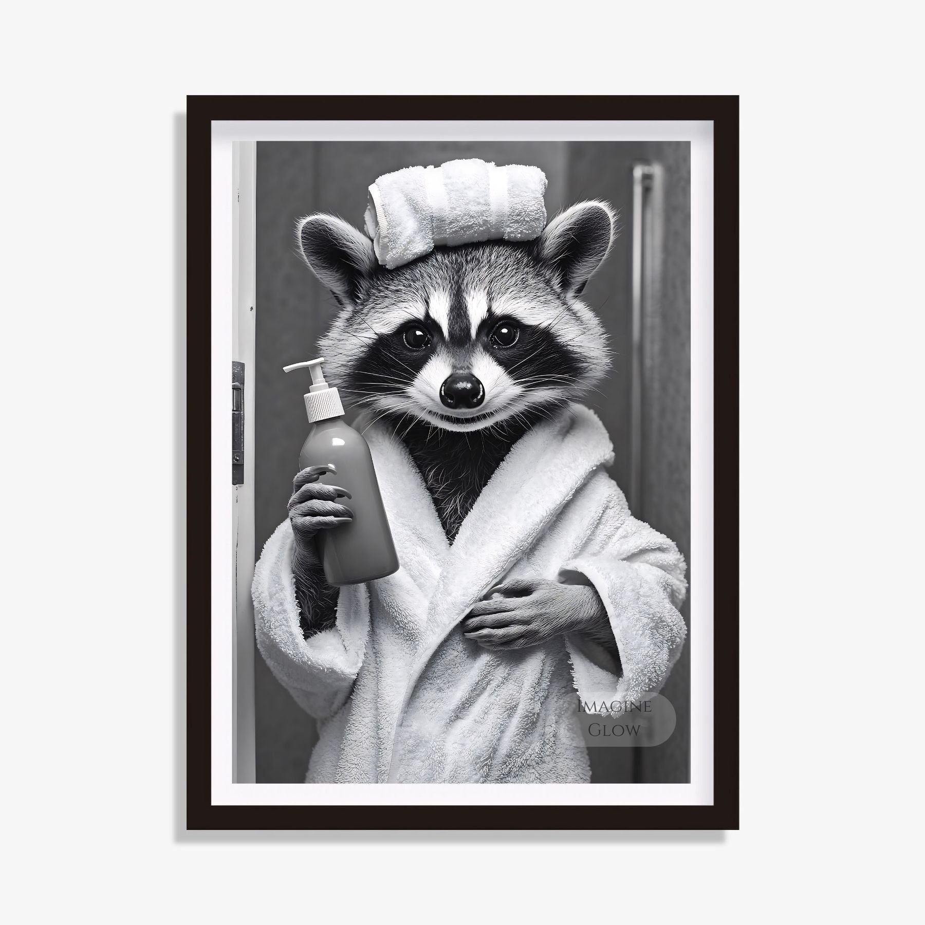 Black and white raccoon bathroom wall art print

