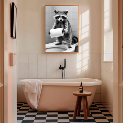 Funny animal print for bathroom wall art with a raccoon theme.
