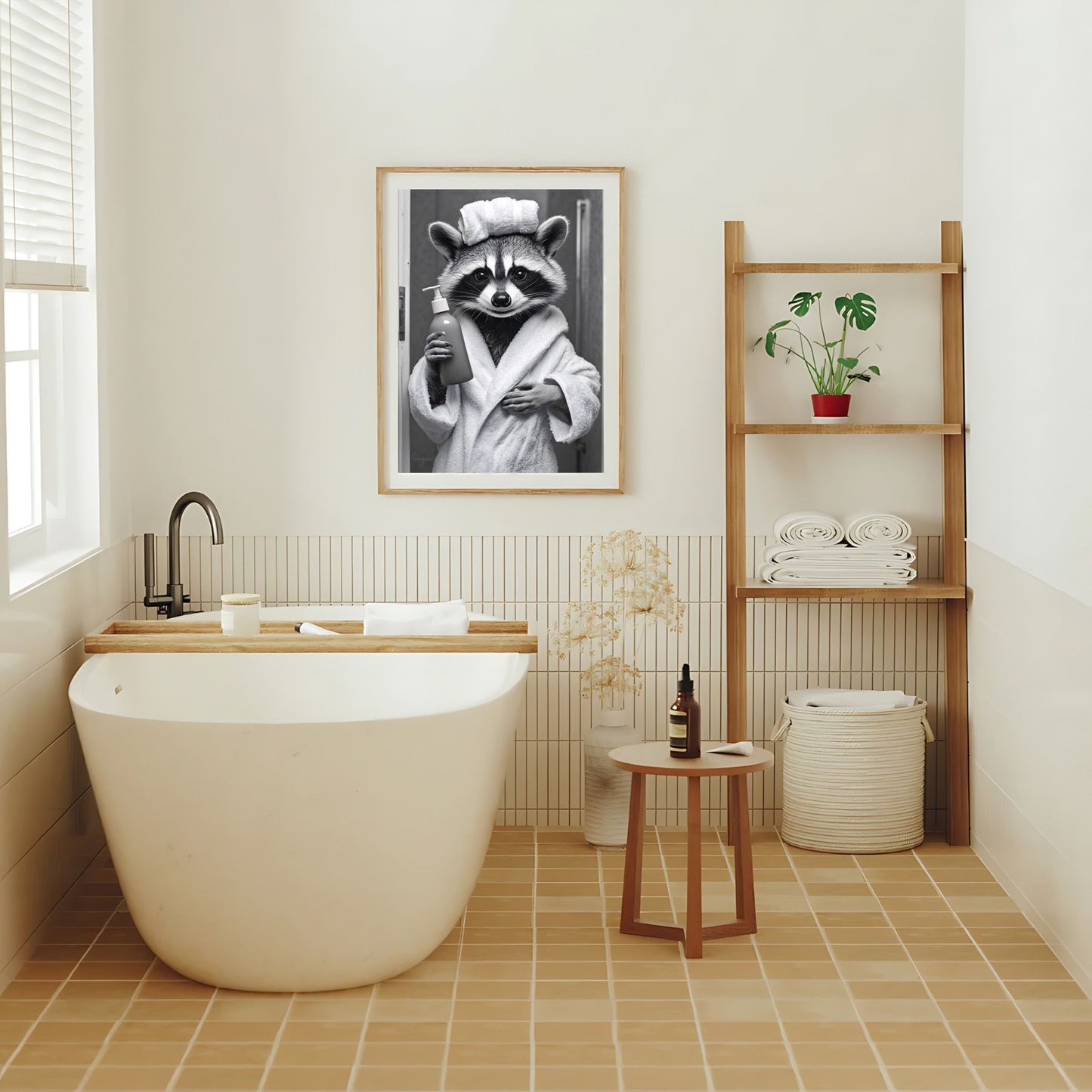 Funny raccoon bathroom art for powder room decoration
