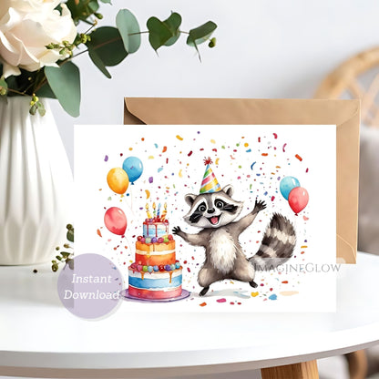 Birthday card with a raccoon and cake illustration on a white surface.