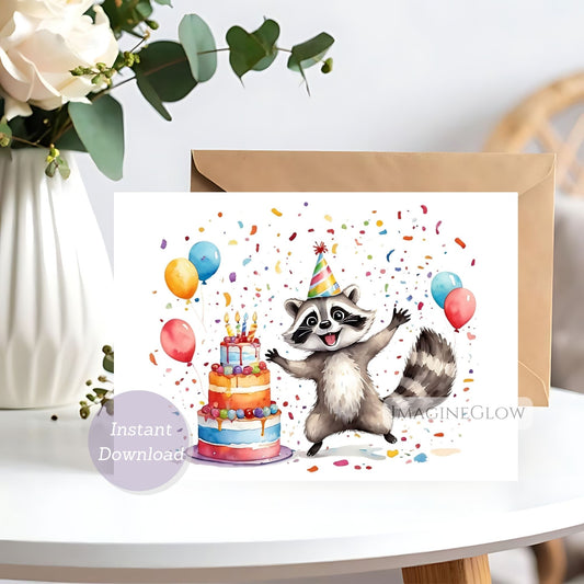 Birthday card with a raccoon and cake illustration on a white surface.