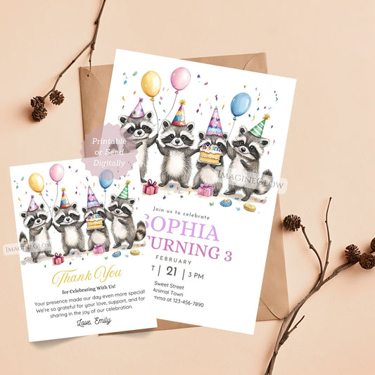 Raccoon birthday invitation and thank you card printable
Editable raccoon birthday invite with matching thank you card