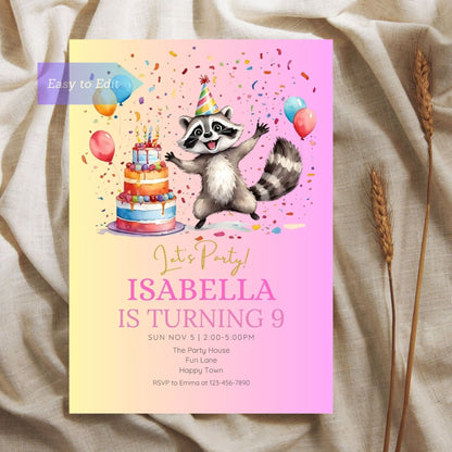 Fun forest-themed birthday invitation with a cute raccoon
