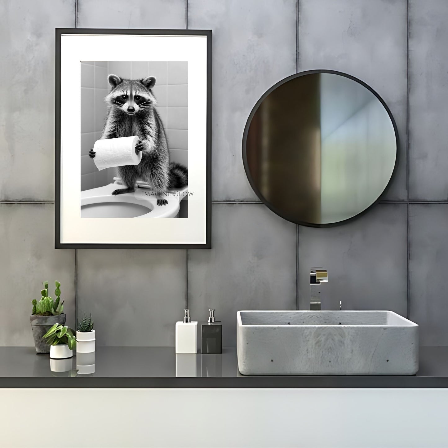 raccoon holding toilet paper, funny bathroom wall art.

