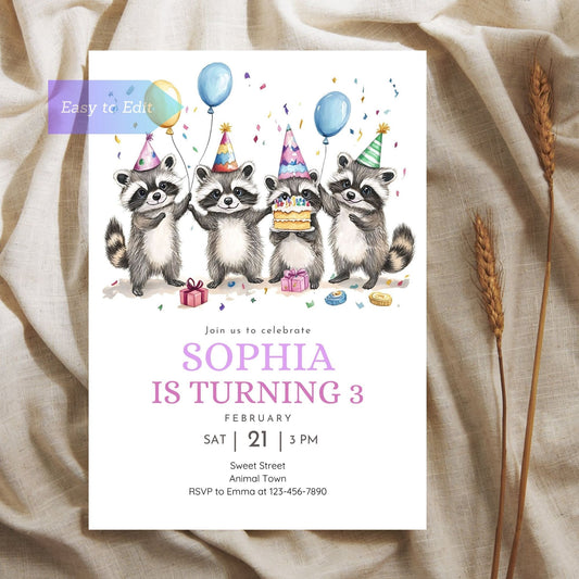 Raccoon birthday invitation for kids with a wild animal theme.
