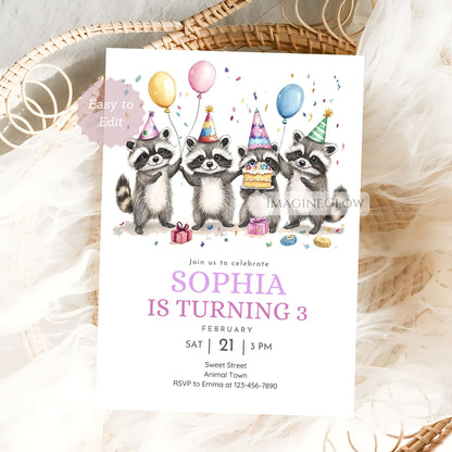 Raccoon Birthday Invitation - Woodland Animal Party Invite