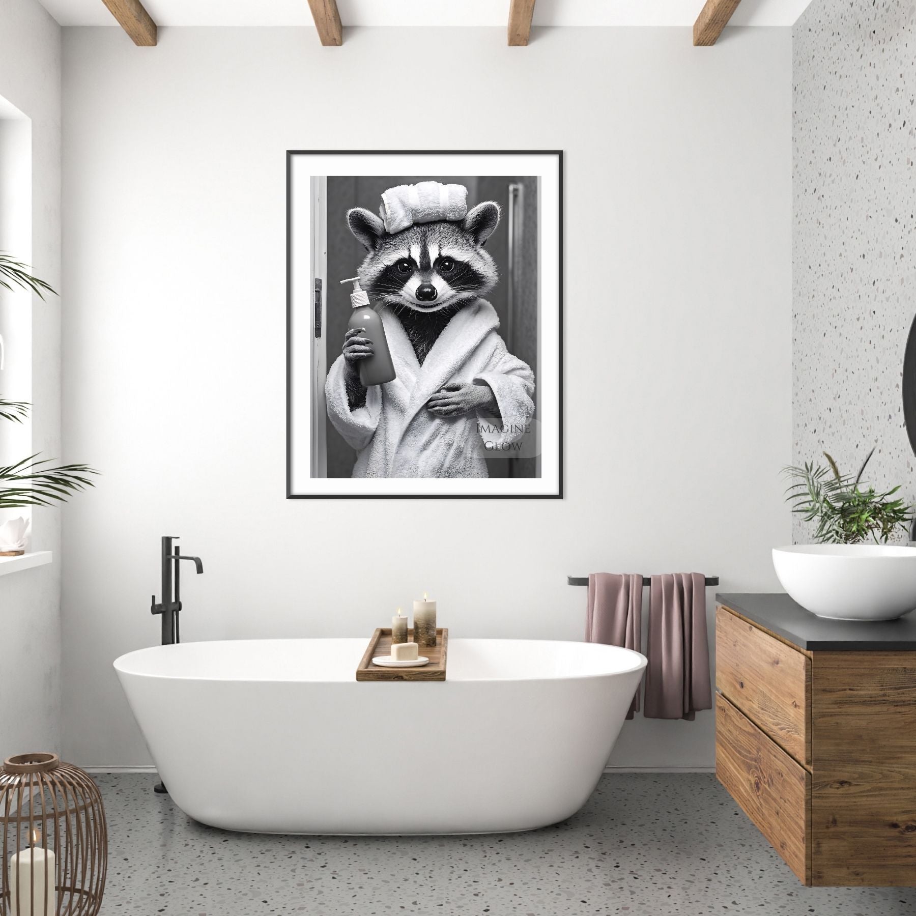 Black and white raccoon holding shampoo bottle print for bathroom wall decor
