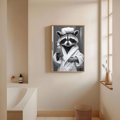 Restroom wall decor with a raccoon in black and white bathrobe
