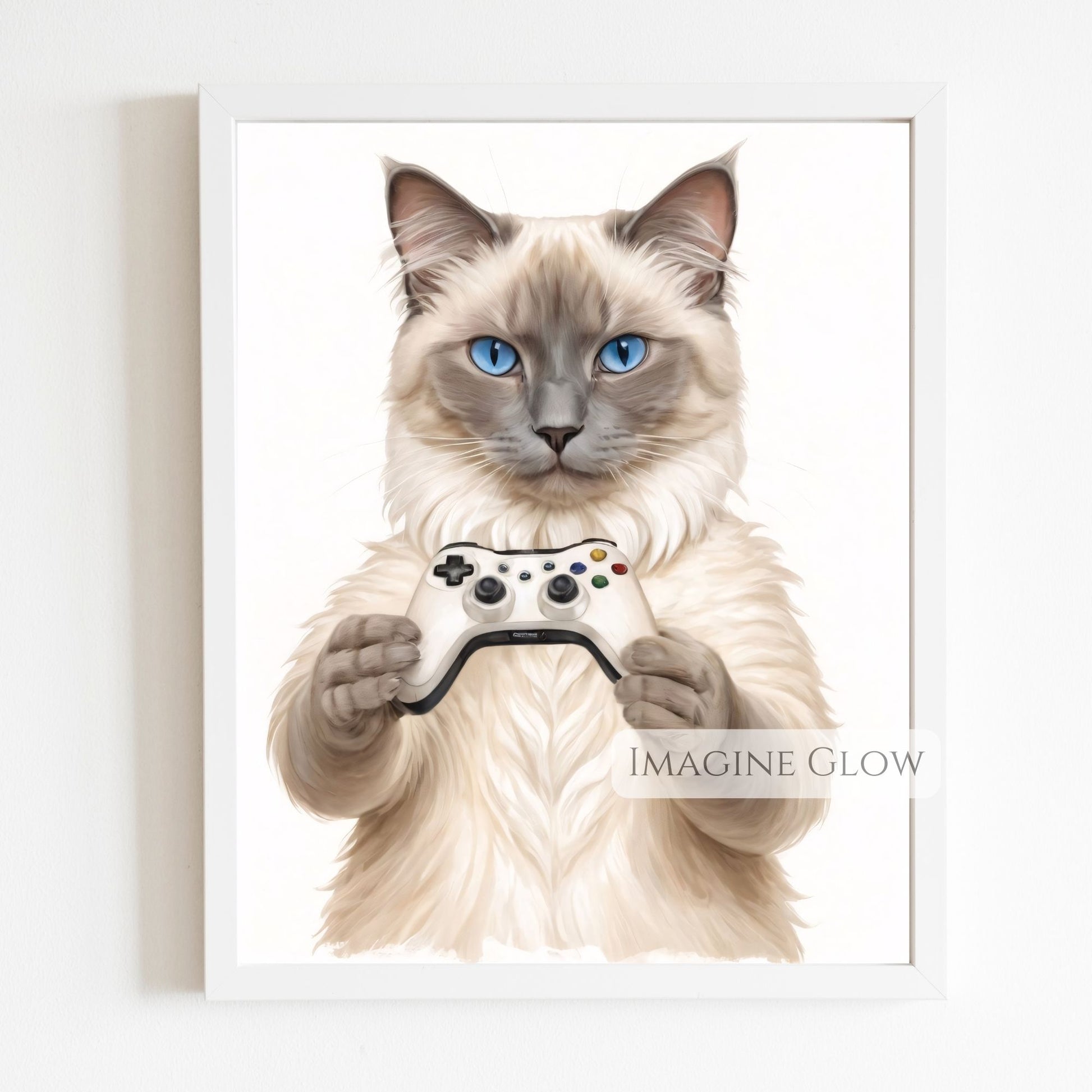Gaming-themed room decor with a Ragdoll cat illustration.
