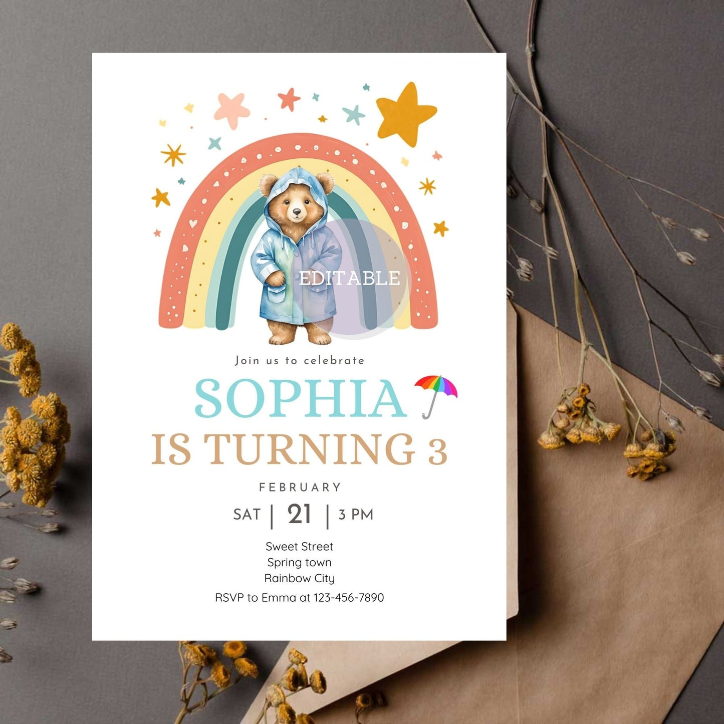 Rainbow Boho Invitation - Spring Party Invite - Bear Theme Fun Birthday Invite