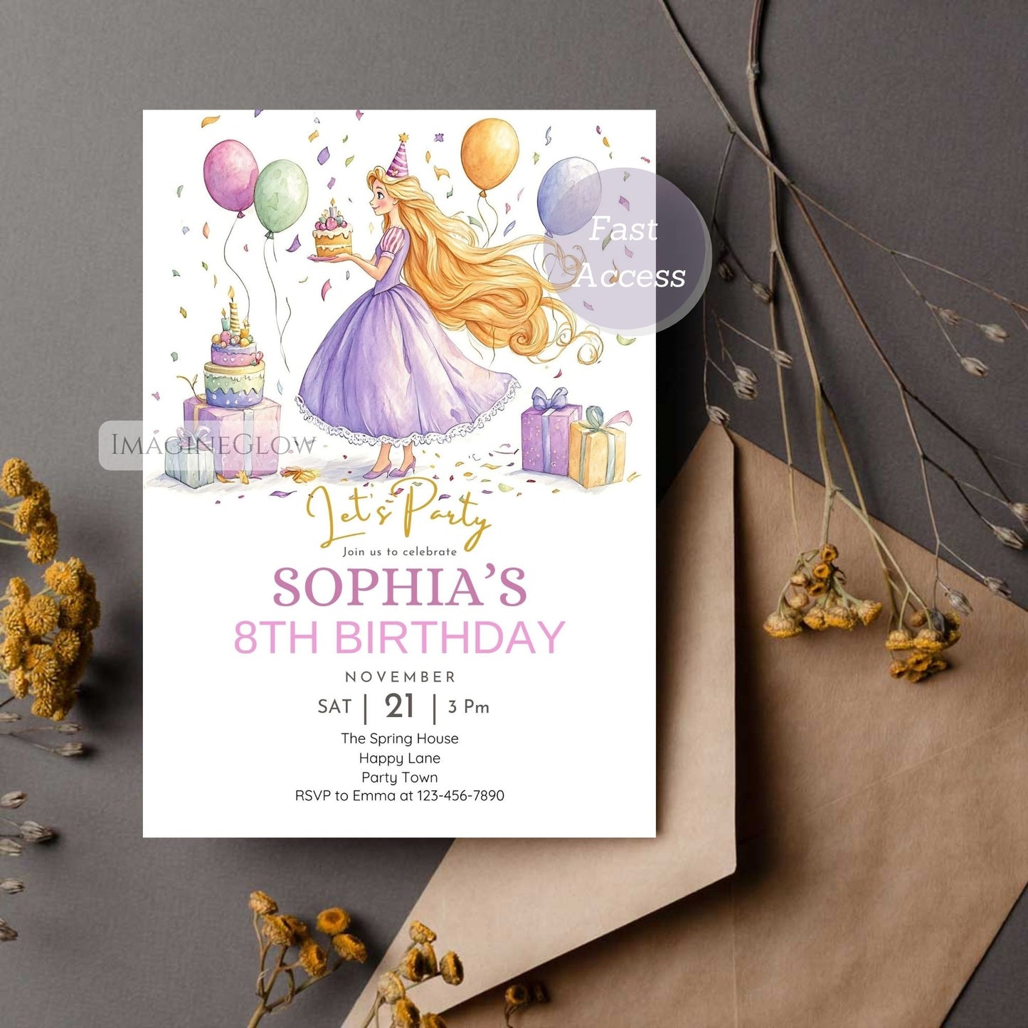 Princess Rapunzel birthday invitation for fairytale celebration
