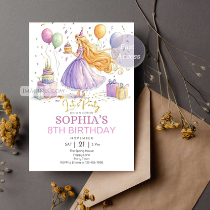 Princess Rapunzel birthday invitation for fairytale celebration
