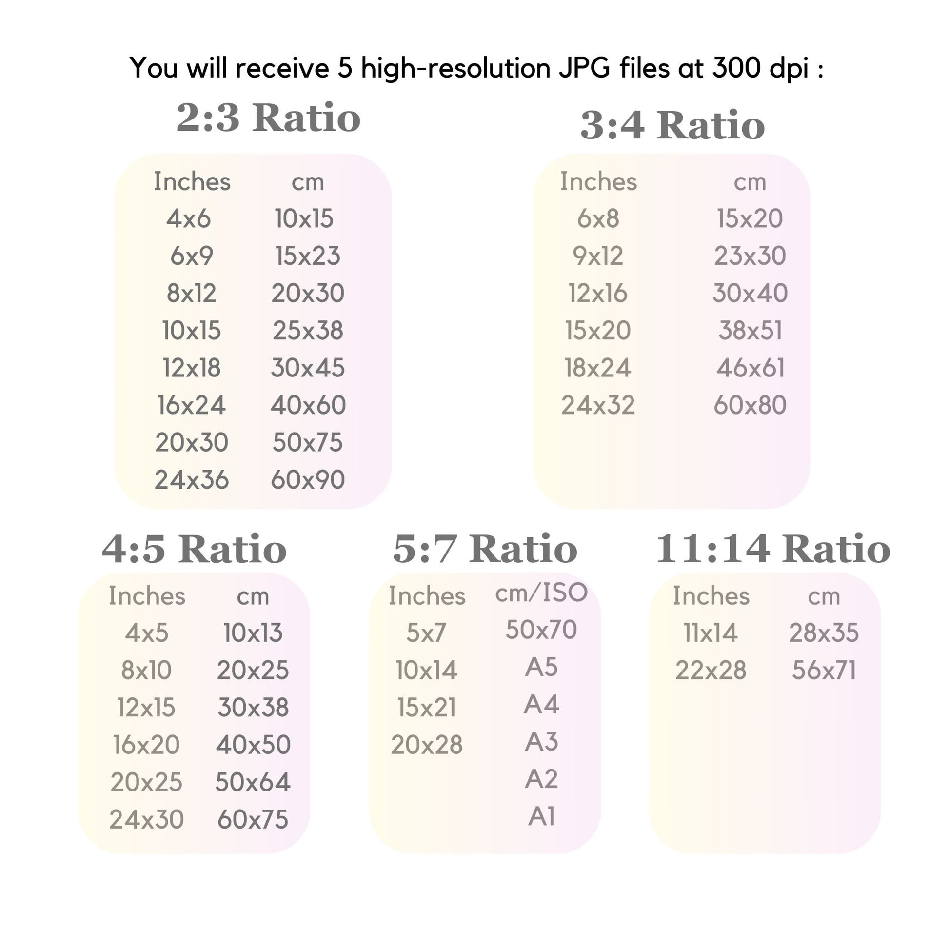 ratio and size chart for artwork decor printing