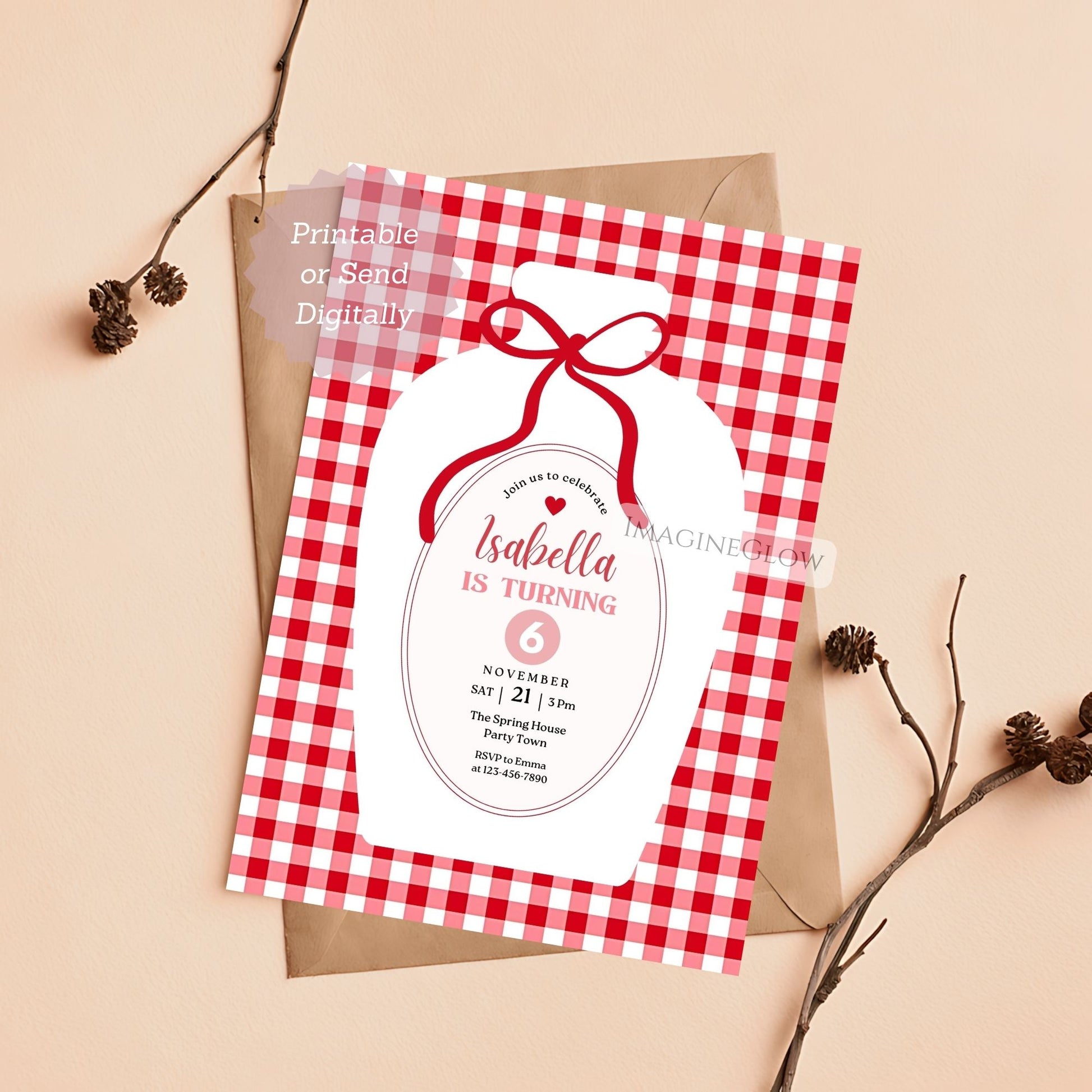 Red and white checkered birthday invitation with a bow on a beige background
