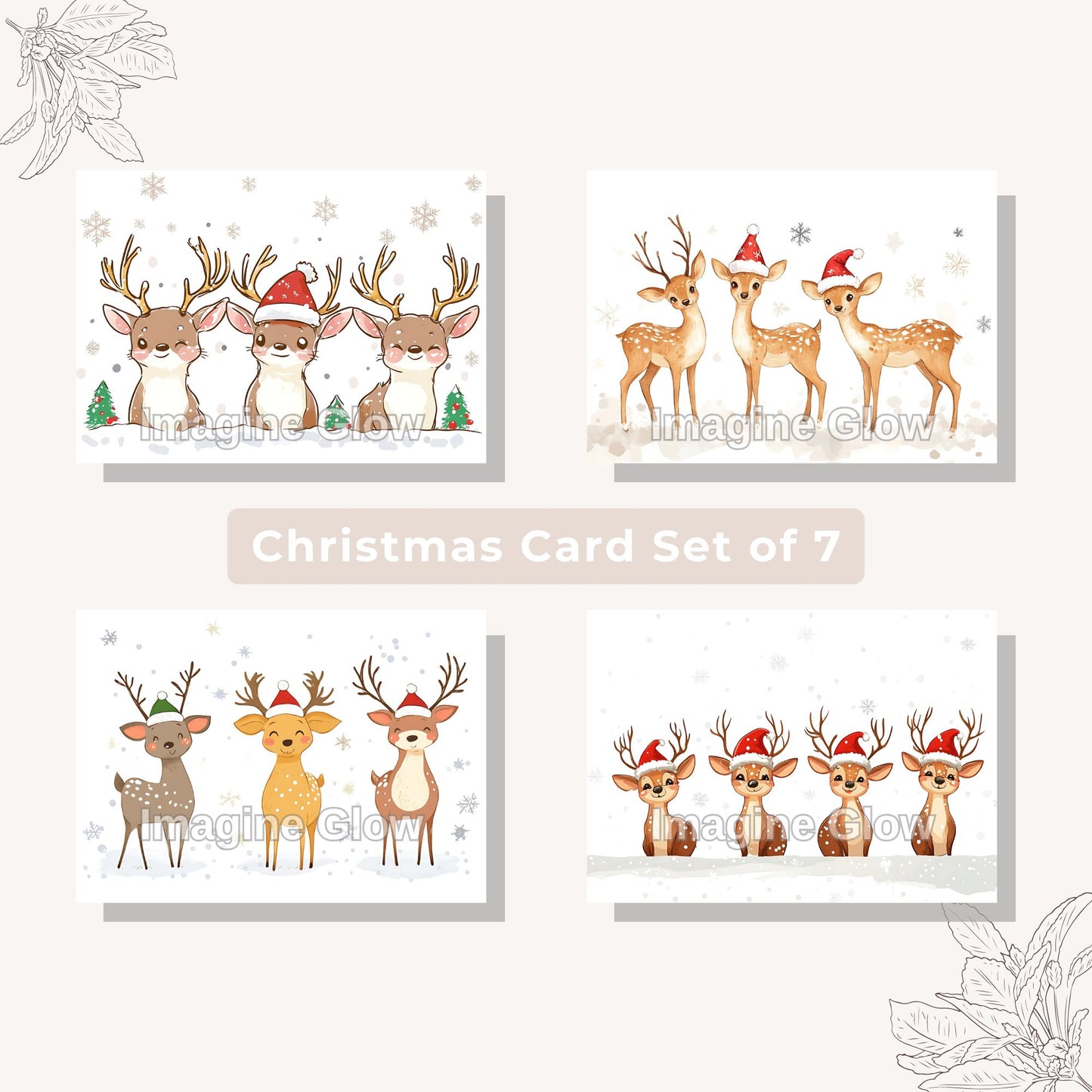 Set of 4 reindeer Christmas cards with festive holiday designs