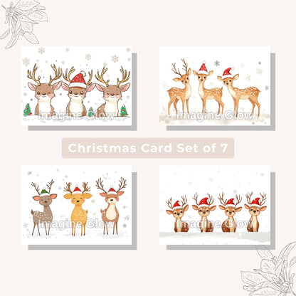 Set of 4 reindeer Christmas cards with festive holiday designs