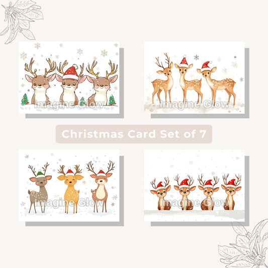 Set of 4 reindeer Christmas cards with festive holiday designs