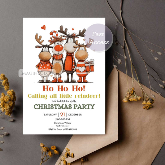 reindeer christmas invitation editable
rudolph holiday greeting card invitation
printable editable reindeer christmas invitation
