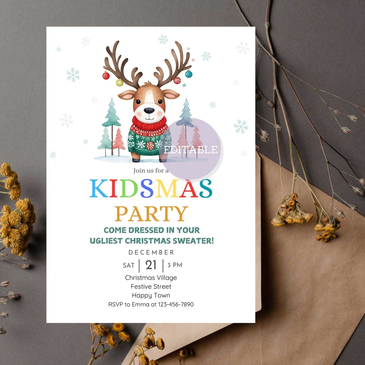 Kids Christmas party card with whimsical reindeer artwork.