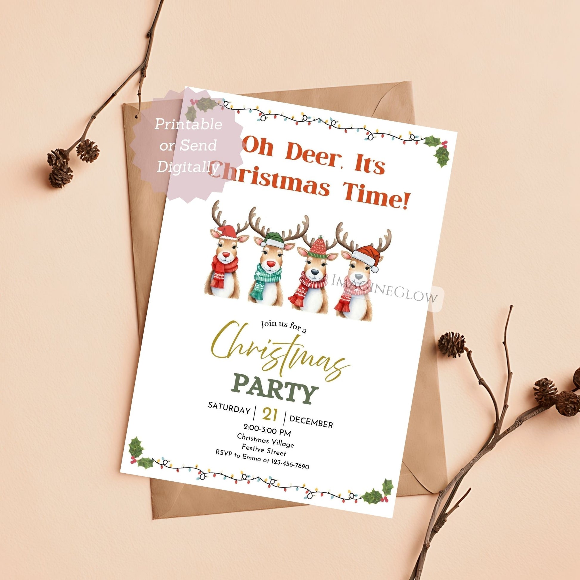 printable festive reindeer party card
