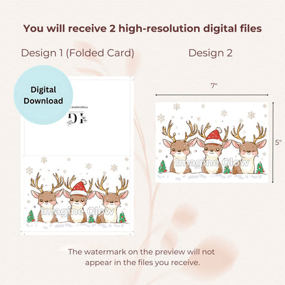 Adorable reindeer Christmas cards set of 4 for sending holiday cheer