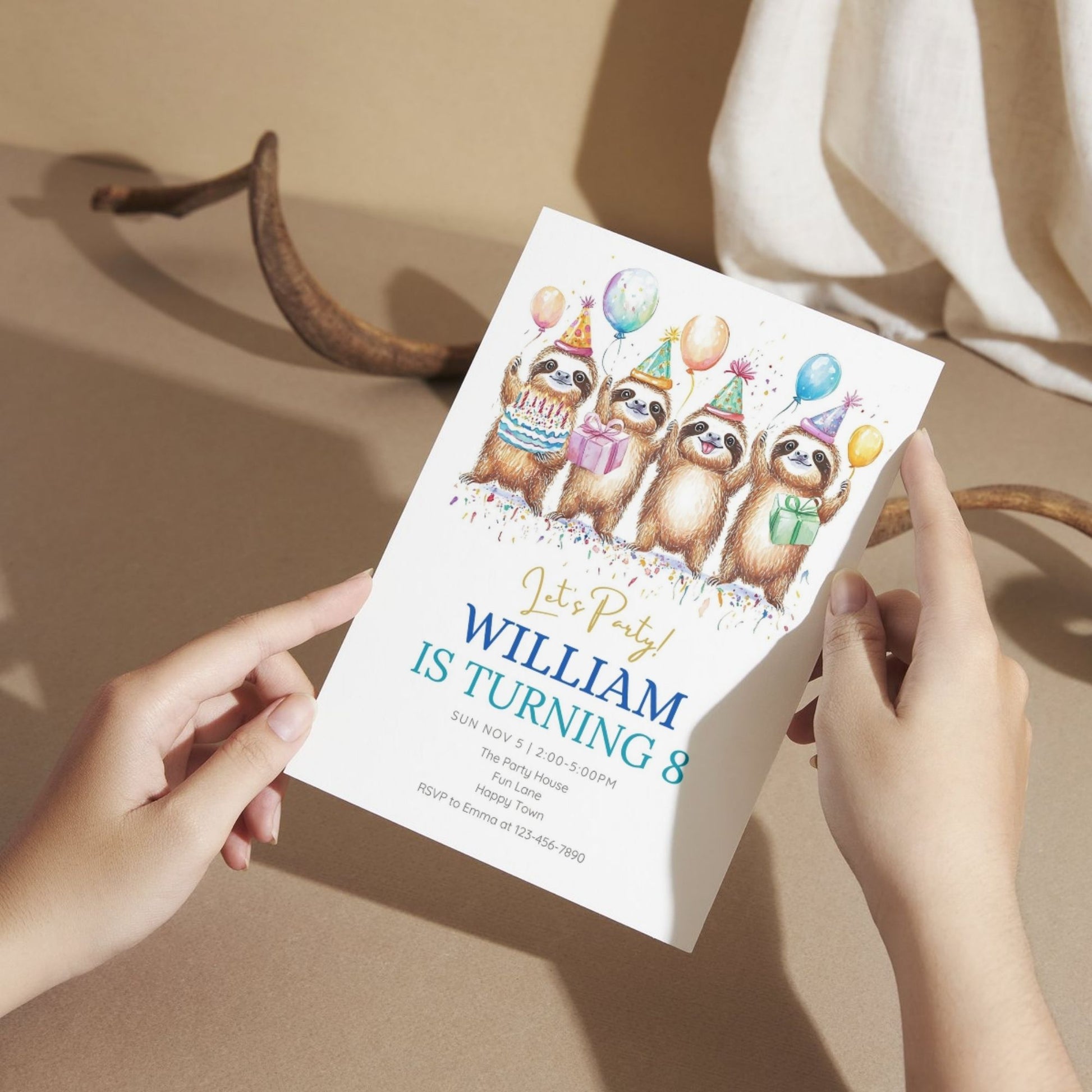 Printable sloth birthday invitation for children’s celebration